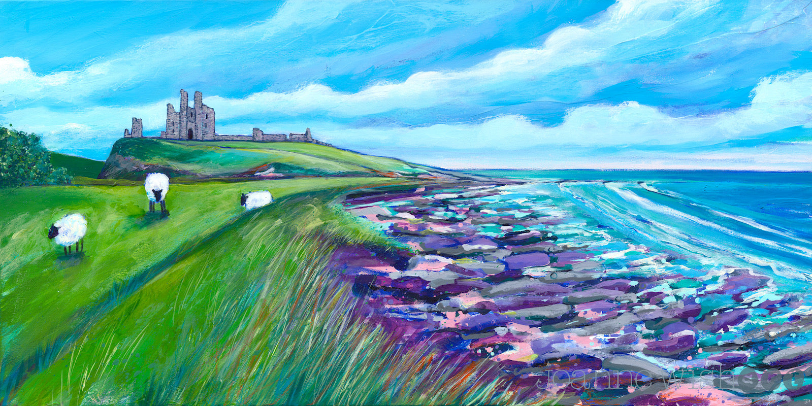 A summery painting of Dunstanburgh Catle showing three sheep grazing on the landscape with the castle behind. The sea is rolling in onto the rocks.
