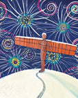 The Angel of the North sculpture stand on a snowy hill with fireworks exploding in the dark sky above. 