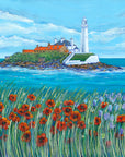 A summery painting of St Mary's Lighthouse. a white lighthouse sits on a rocky island with a pale blue sky overhead. The sea is turquoise and waves rill gently to the shore. There are orange roofed cottages at the base of the lighthosue. Int eh foreground bold red poppies sway in the long sea grass.