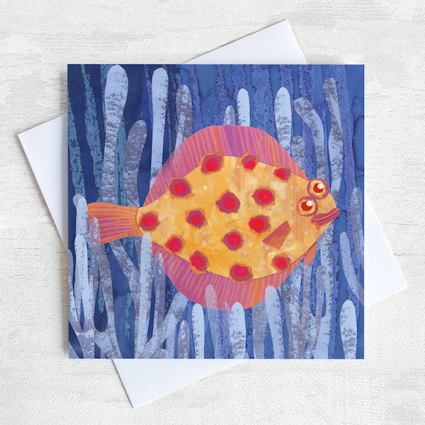 A quirky greetings card featuring a spotty plaice fish swimming through the sea weed. 